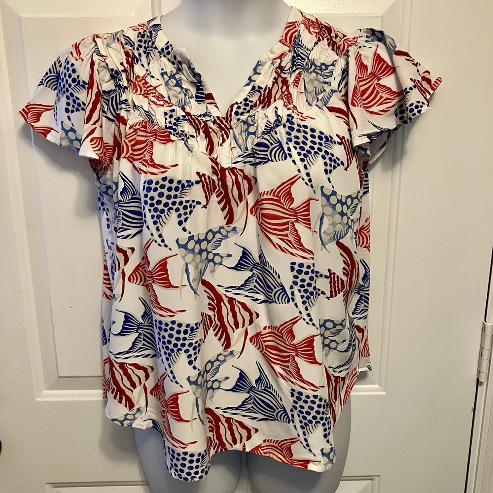 LOFT Sz Medium Blouse White Red Blue Fish Print V Neck Pleated Shirt Top